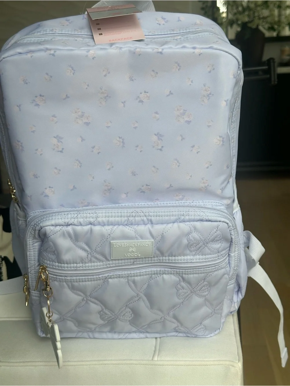LoveShackFancy Pale Lilac Quilted Floral Backpack